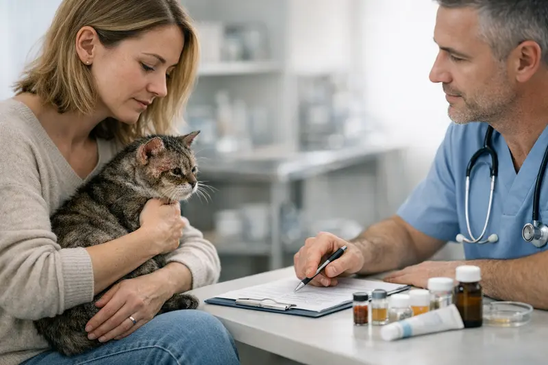 Tierarztkosten bei Räude Ein Tierarzt untersucht eine Katze auf Räude und erklärt die Behandlungskosten.