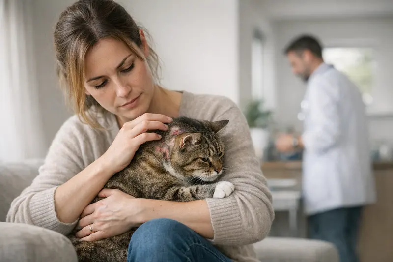 Tierarztbesuch bei Hautproblemen Tierhalter bringt seine Katze zur Untersuchung beim Tierarzt bei Verdacht auf Hautprobleme