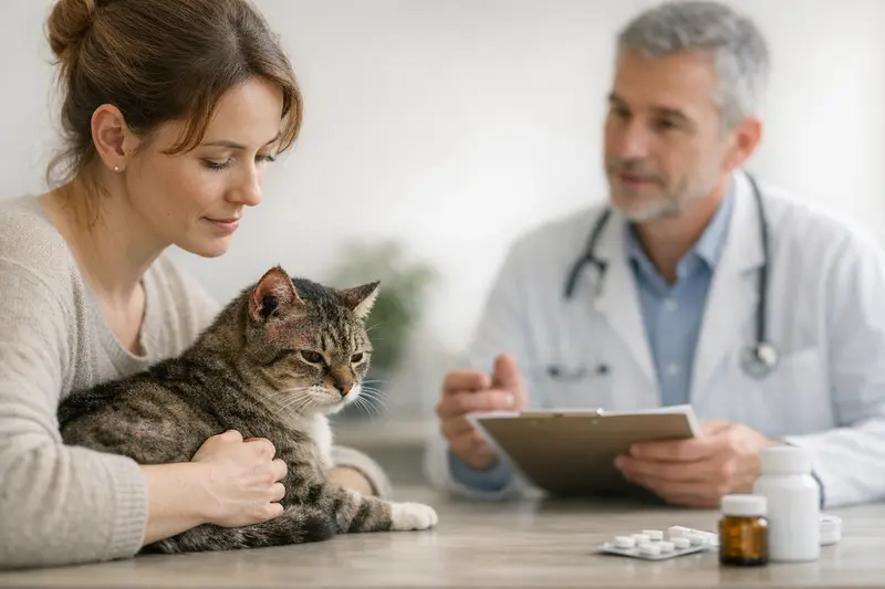 Katzenuntersuchung auf Räude Katzenaerztin untersucht eine Katze auf Räude