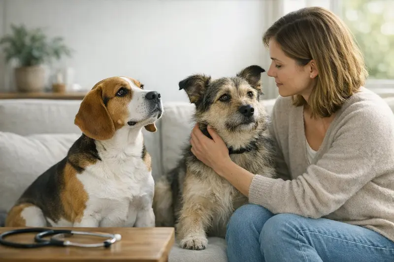 Gesundheitsuntersuchung bei Hundetypen Mischling und Rassehund bei einem Tierarztbesuch zur Gesundheitsuntersuchung.