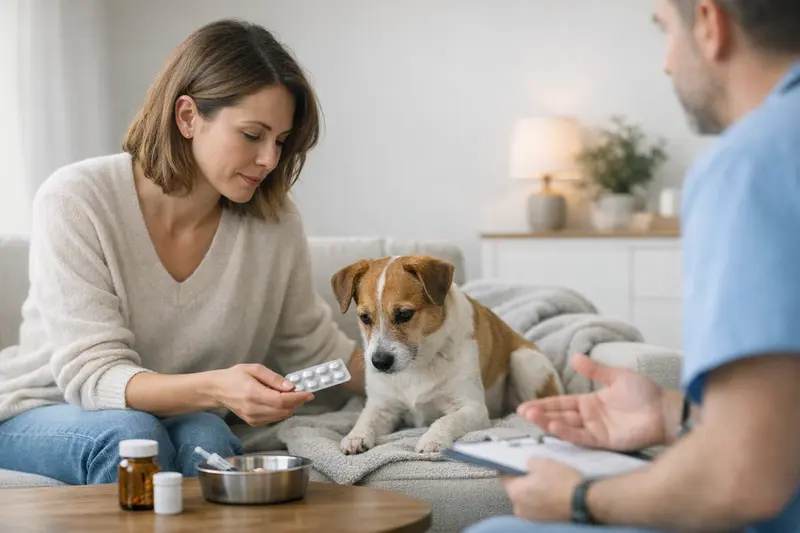 Hund mit Tierarzt im Behandlungsgespräch für Reflux