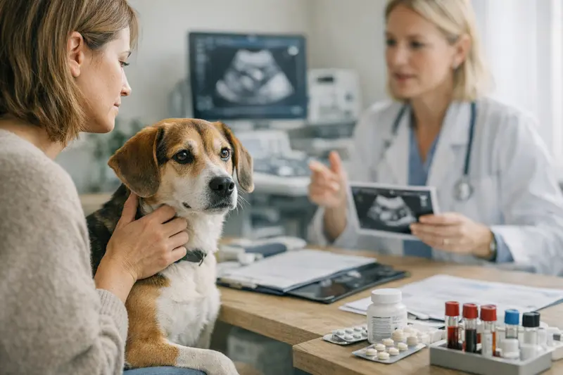 Tierarztkosten bei Reflux Ein Tierarzt untersucht einen Hund mit Reflux-Symptomen