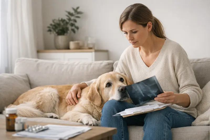 Tierarztbesuch mit Hund und Symptomen Ein Hund untersucht von einem Tierarzt mit Symptomen vor Vertragsbeginn.