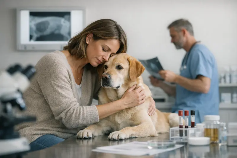 Tierarztuntersuchung bei Verdacht auf Hundekrankheit Ein Tierarzt untersucht einen Hund auf Verdacht einer Erkrankung.