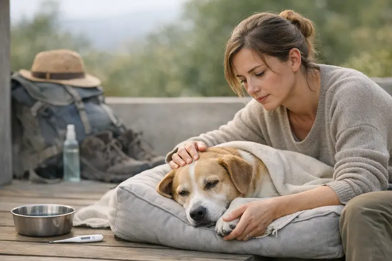 Hunde Reisekrankheit Symptome Ein müder Hund auf Reisen, der Anzeichen von Reisekrankheit zeigt.