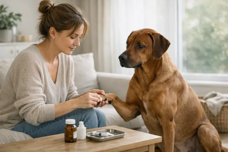 Ein glücklicher Hund beim Tierarzt, symbolisiert die Vorsorge in der Hundeversicherung.
