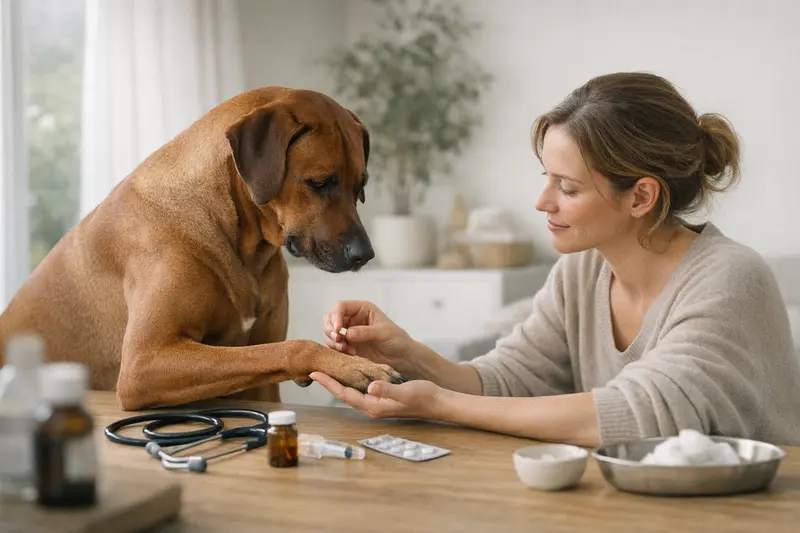 Vorsorge in der Hundeversicherung Vorsorgeleistungen in der Hundeversicherung erläutert anhand von einem Bild mit einem gesunden Hund beim Tierarzt.