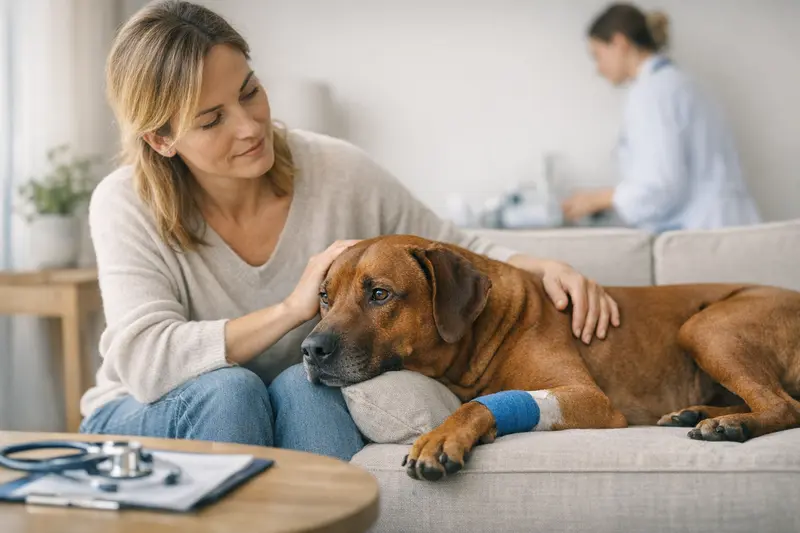 Rhodesian Ridgeback in einer Tierarztpraxis, zeigt die Bedeutung einer passenden OP-Versicherung für Hunde.