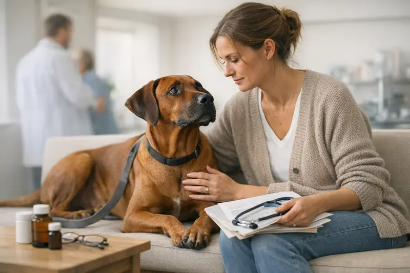 Ein Rhodesian Ridgeback Hund in einer Arztpraxis wird von einem Tierarzt untersucht, um Informationen über Limits und Selbstbeteiligung in der Hundeversicherung zu vermitteln.