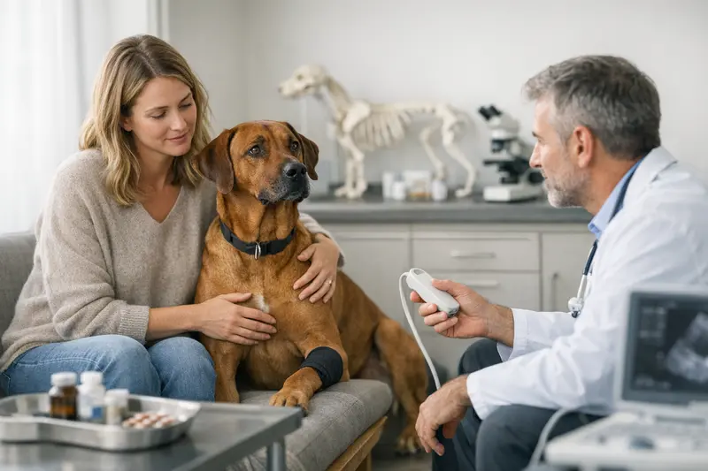 Ein Tierarzt untersucht einen Rhodesian Ridgeback auf mögliche Erkrankungen.