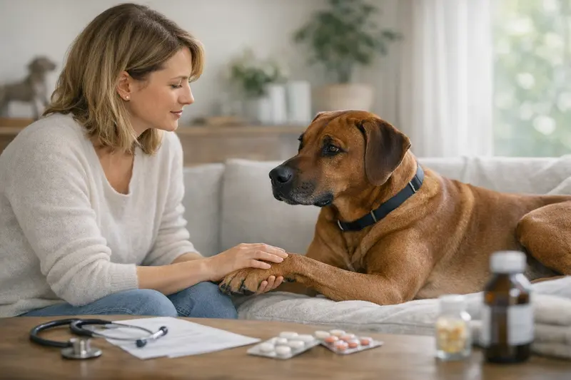 Hundeversicherung für große Rassen Ein großer Hund, der im Tierarztbesuch untersucht wird, während der Halter über die Hundeversicherung nachdenkt.