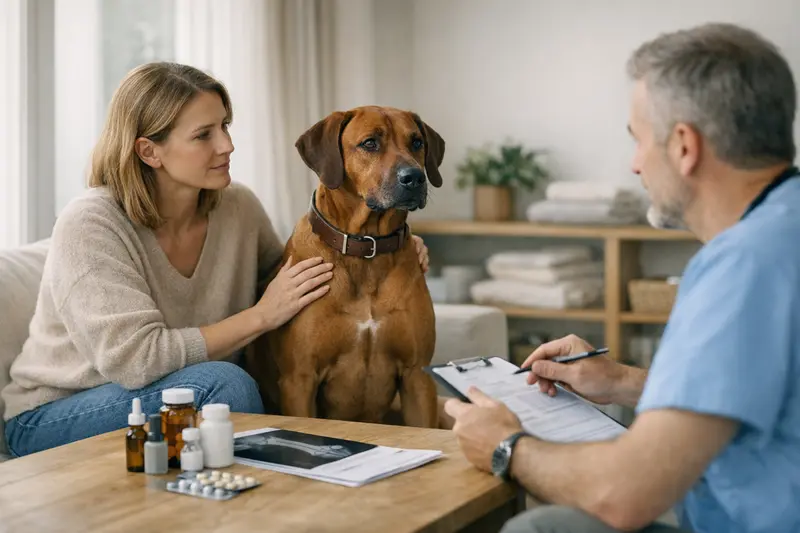 Rhodesian Ridgeback Tierarztbesuch Ein Rhodesian Ridgeback untersucht seine Umgebung während eines Tierarztbesuchs, um die beste Versicherung zu wählen.