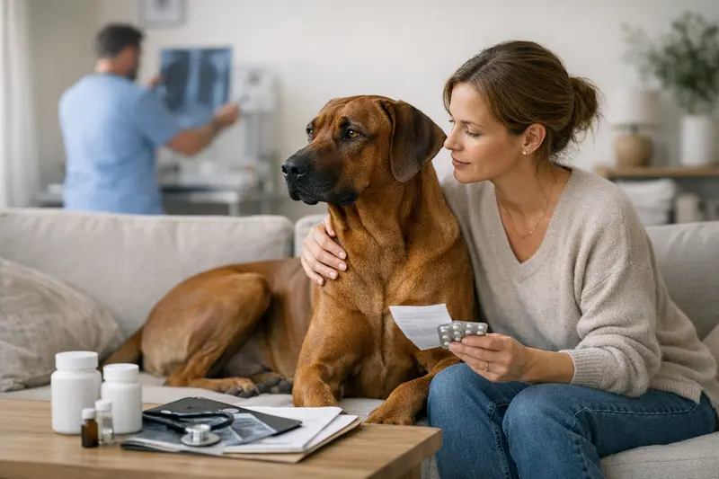 Vergleich von Hundeversicherungen für große Hunde Ein großer Hund steht vor einem Computer, während sein Halter verschiedene Hundeversicherungen vergleicht.