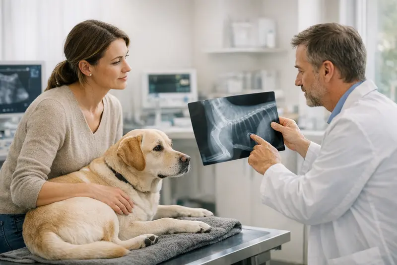 Röntgenkosten bei der Hundeversicherung Ein Hund beobachtet aufmerksam eine Röntgenaufnahme beim Tierarzt.