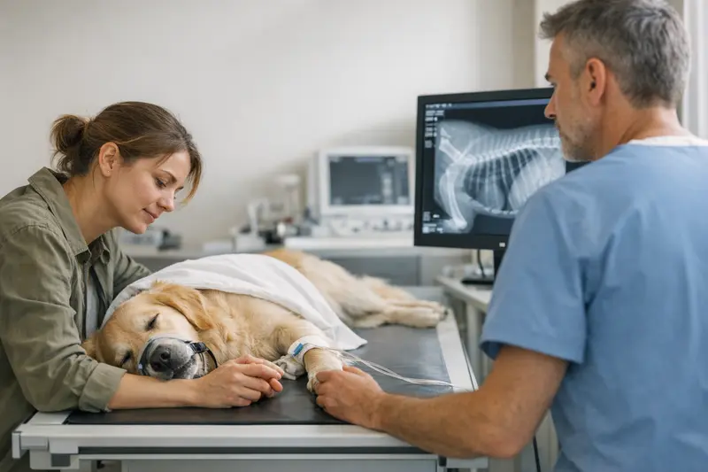 Hund bei Tierarzt mit Sedierung Ein Hund liegt entspannt auf einem Untersuchungstisch in einer Tierarztpraxis, während eine Sedierung für eine Röntgenaufnahme vorbereitet wird.