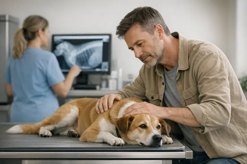 Röntgenkosten beim Hund verstehen Ein Hund wird in einer Tierarztpraxis untersucht, um die Kosten für ein Röntgen zu ermitteln.