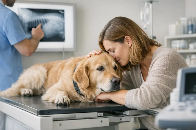 Hund beim Tierarzt mit Fokus auf Röntgenleistungen Ein Hund wird beim Tierarzt untersucht, wobei Röntgenleistungen und Behandlungskosten im Fokus stehen.