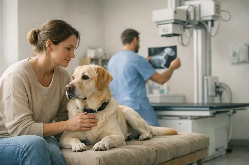 Röntgenuntersuchung beim Hund Ein Hund, der beim Tierarzt für eine Röntgenuntersuchung vorbereitet wird, um gesundheitliche Beschwerden zu diagnostizieren.