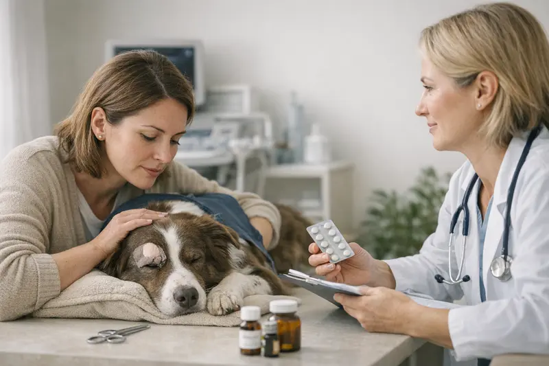 Ein Hund wird von einem Tierarzt untersucht, um den Gesundheitszustand vor einer geplanten Operation zu überprüfen.