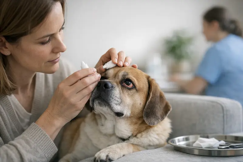 Augentropfen für Hunde mit Rolllid Ein Hund mit Rolllid erhält Augentropfen vom Tierarzt zur Linderung von Beschwerden.