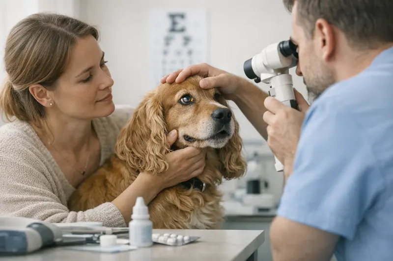 Tierarztberatung zu Hundeyeproblemen Ein Hundebesitzer konsultiert einen Tierarzt bezüglich möglicher Augenprobleme seines Hundes.