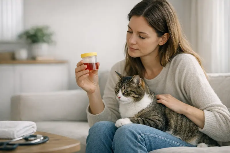 Urinuntersuchung bei Katzen Eine Katze mit einem Urintest zur Untersuchung von rotem Urin, um mögliche Ursachen abzuklären.