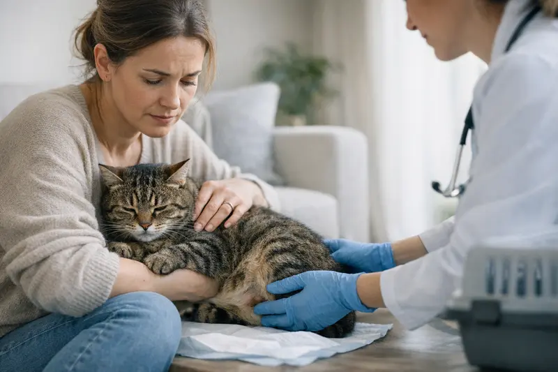 Eine Katze zeigt Anzeichen von Unbehagen und erfordert sofortige tierärztliche Hilfe.
