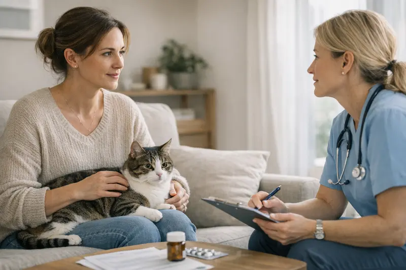 Tierarztbesuch für Katzen mit Vorerkrankungen Eine Katze beim Tierarzt, die auf mögliche Vorerkrankungen untersucht wird.