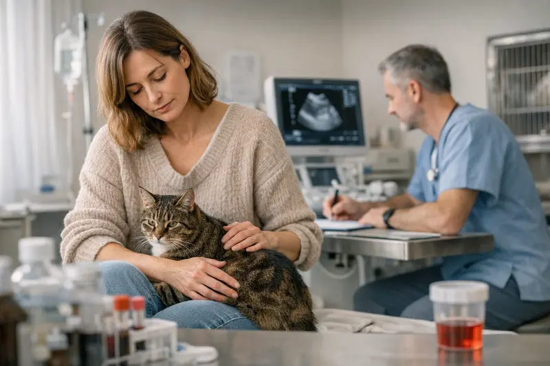 Eine Katze mit rotem Urin auf einem Untersuchungstisch beim Tierarzt.
