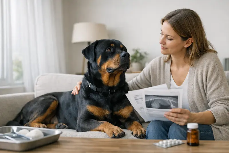 Rottweiler beim Tierarzt - OP-Schutz oder Krankenversicherung? Ein Rottweiler beim Tierarzt, der eine Untersuchung erhält, um die Entscheidungen zwischen OP-Schutz und Krankenversicherung zu verdeutlichen.
