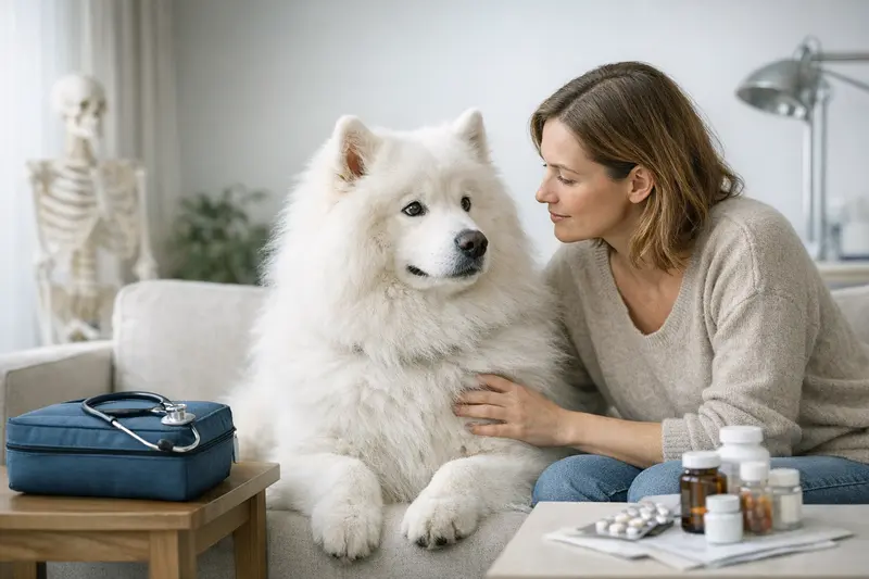 Samojede beim Tierarzt Ein Samojede, der beim Tierarzt untersucht wird, um die Vorzüge von OP-Versicherung und Hundekrankenversicherung zu erläutern.