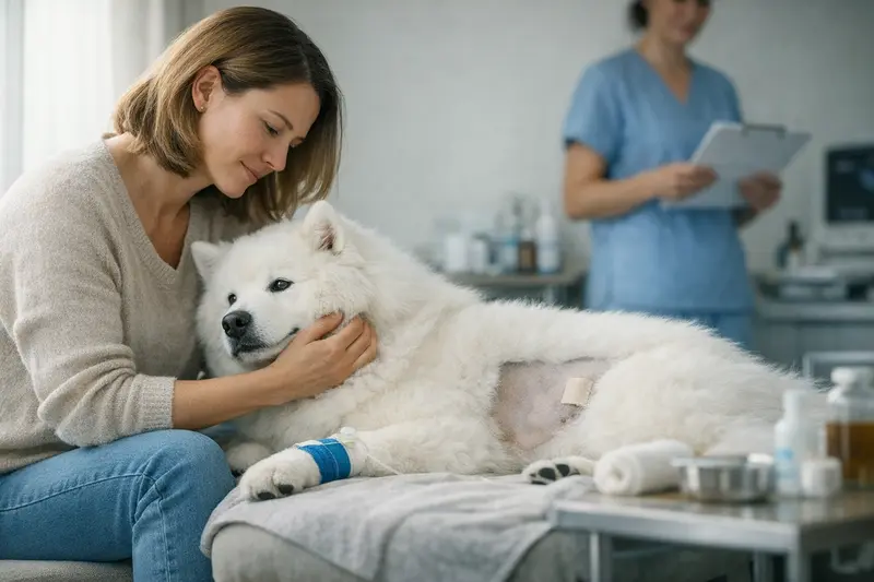 Voruntersuchung Hund OP Hund auf Untersuchungstisch während einer Voruntersuchung vor einer Operation.