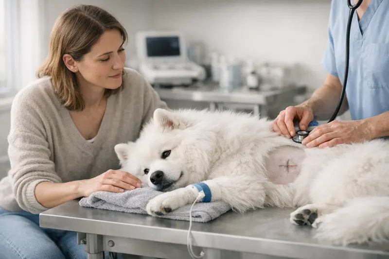 Operation und Nachsorge für Hunde Ein Hund wird nach einer Operation beim Tierarzt untersucht.