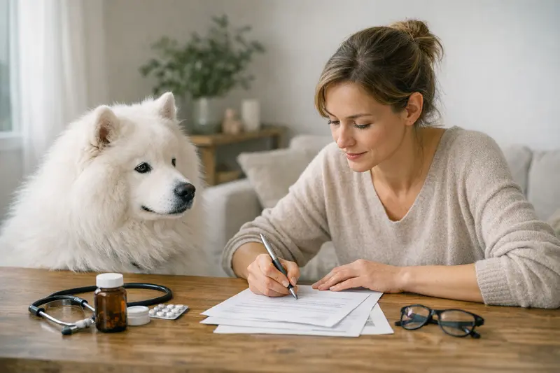Hundeversicherung Information Ein glücklicher Hund mit seinem Besitzer im Tierarztwartezimmer, während sie sich über die Hundeversicherung informieren.