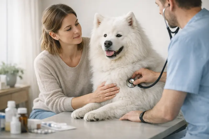 Vorsorge bei der Hundeversicherung Ein gesunder Hund beim Tierarzt für eine Vorsorgeuntersuchung.