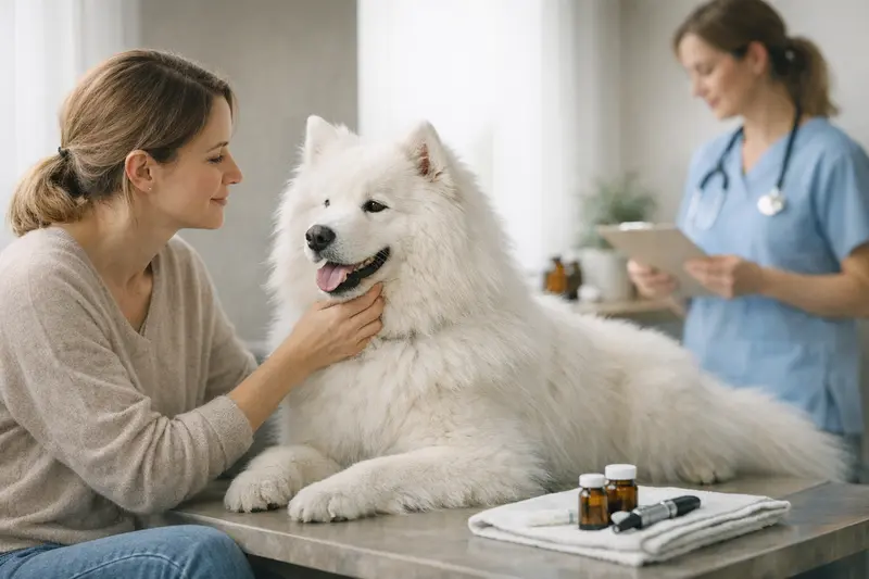 Ein gesunder Hund beim Tierarzt zur Vorsorgeuntersuchung.