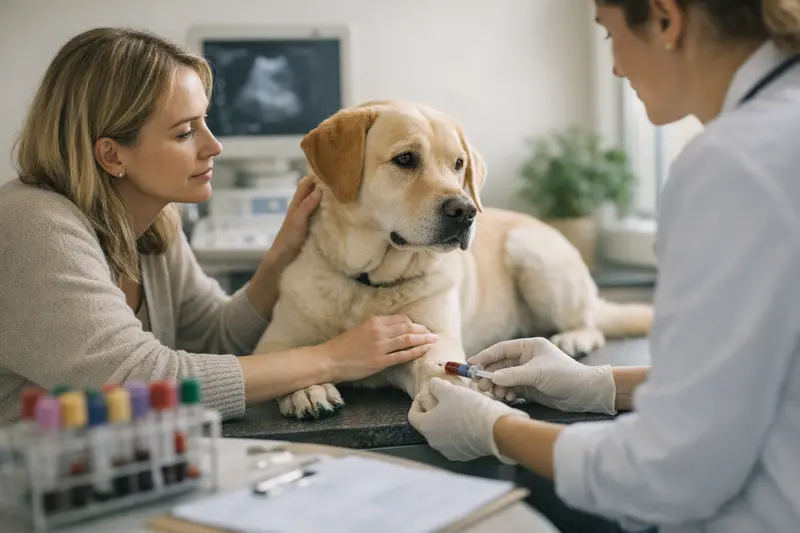 Ein Hund wird beim Tierarzt untersucht, um Schilddrüsenwerte zu bestimmen.