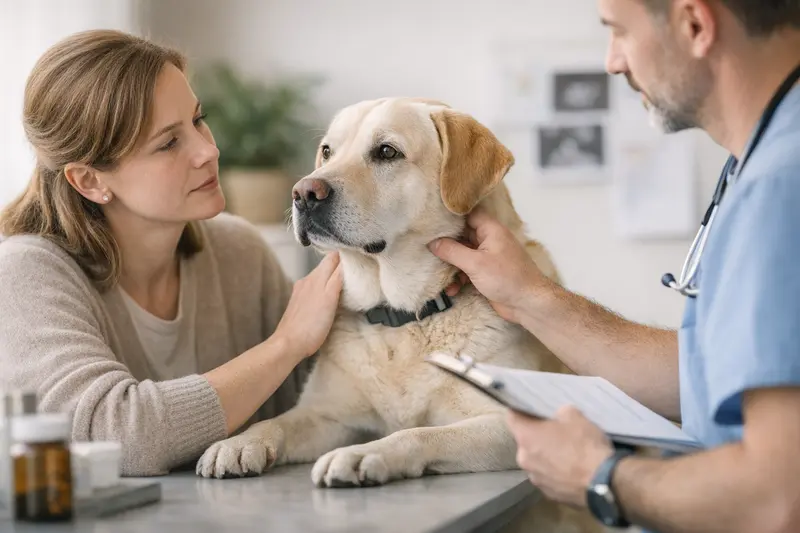 Tierarztuntersuchung Hund Schilddrüse Tierarzt untersucht Hund auf Schilddrüsenprobleme im Rahmen einer Krankenversicherung.
