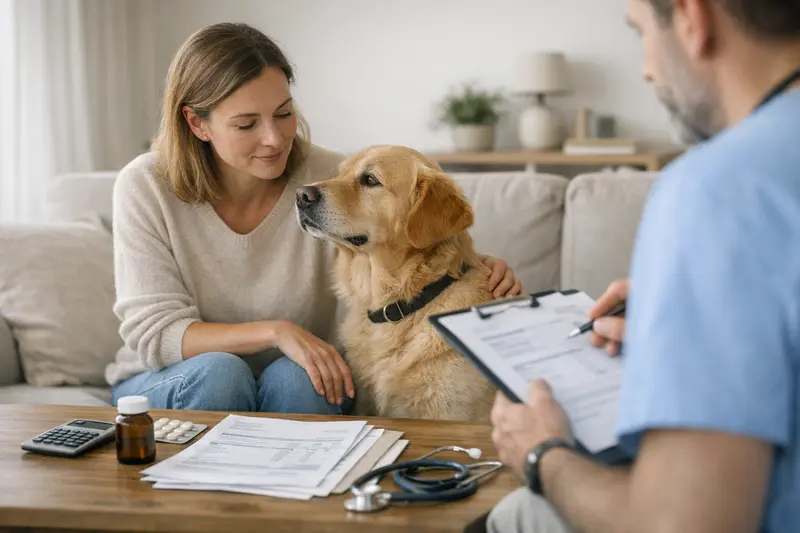 Ein Hund beim Tierarzt zur Untersuchung, der die Kostenrisiken einer langfristigen Betreuung verdeutlicht.