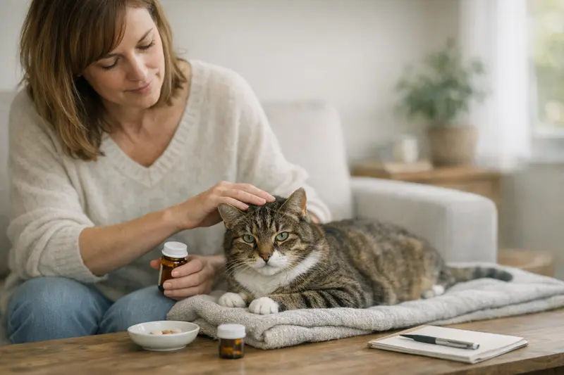 Veterinäruntersuchung einer Katze auf Schilddrüsenüberfunktion Eine Katze wird von einem Tierarzt untersucht, um eine mögliche Schilddrüsenüberfunktion zu diagnostizieren.