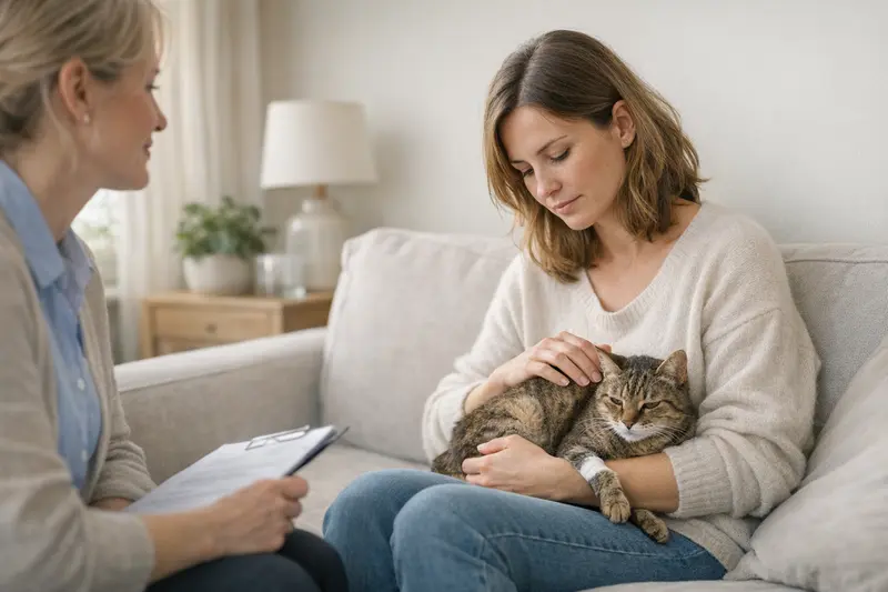 Katzenversicherung und Gesundheitsfragen Eine Katze in der Tierarztpraxis während einer Untersuchung, die Fragen zum Thema Versicherungen aufwirft.