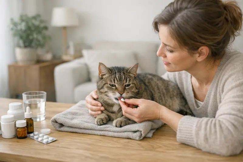 Katzenkrankenversicherung und chronische Erkrankungen Eine Katze, die Medikamente für eine chronische Erkrankung erhält, veranschaulicht die Abdeckung durch eine Katzenkrankenversicherung.