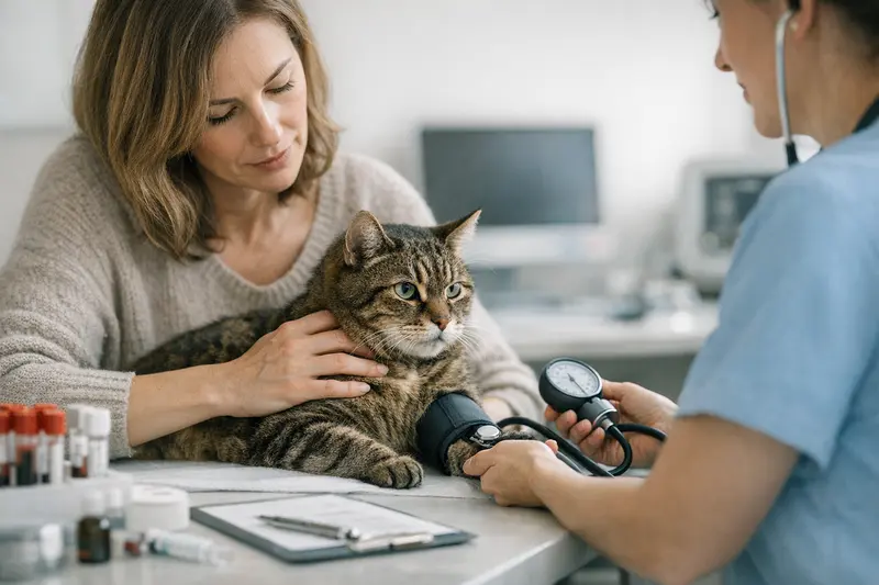 Tierärztliche Untersuchung einer Katze mit Blutuntersuchung.