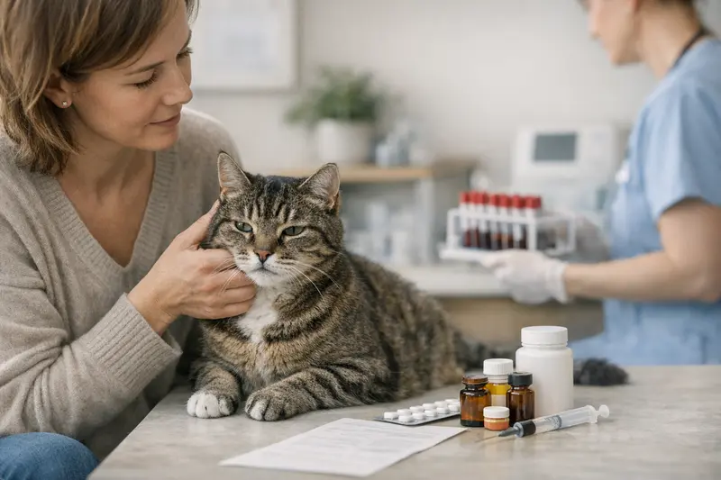 Tierarztbesuch Katze Schilddrüsenprobleme Eine Katze beim Tierarzt, die wegen Schilddrüsenproblemen untersucht wird.