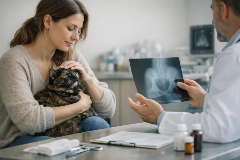 Katzen OP-Versicherung Beratung Eine Schildpattkatze auf dem Untersuchungstisch beim Tierarzt zur Beratung über OP-Versicherungen.