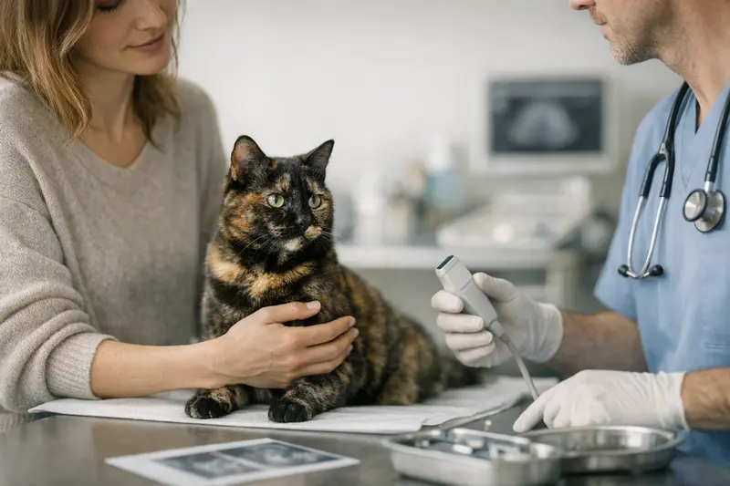 Schildpattkatze und Tierarztkosten Schildpattkatze sitzt entspannt und zeigt ihr auffälliges Fellmuster in einer ruhigen Umgebung.