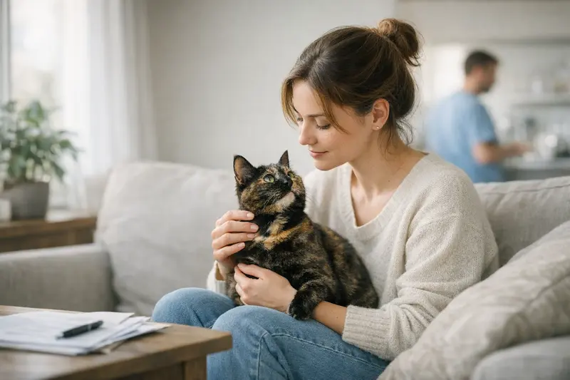 Katzenversicherung frühzeitig abschließen Eine gesunde Katze beim Tierarzt, der empfiehlt, frühzeitig eine Katzenversicherung abzuschließen.