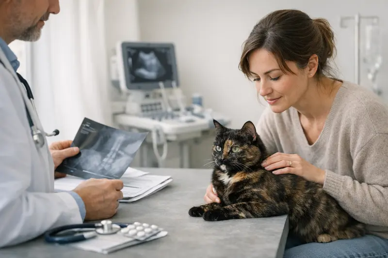 Ein Schildpattkatze sitzt entspannt vor einem Laptop, während eine Hand einen Versicherungsvertrag für Katzen betrachtet.