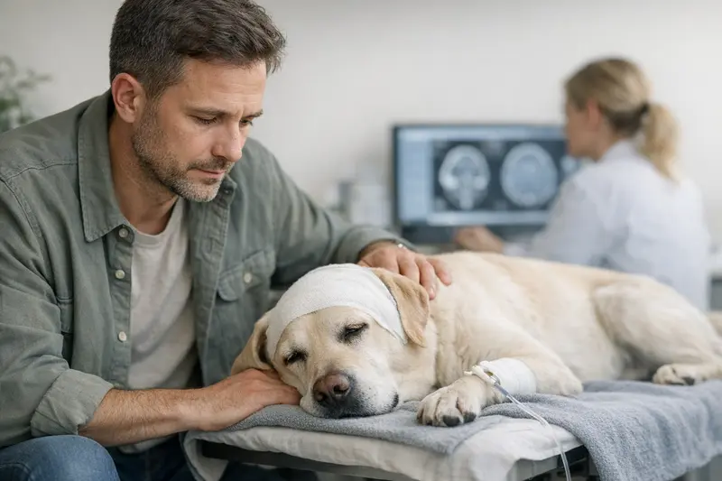 Neurologische Untersuchung Hund Ein Hund bei einer neurologischen Untersuchung beim Tierarzt, um die Notwendigkeit einer OP-Versicherung zu prüfen.