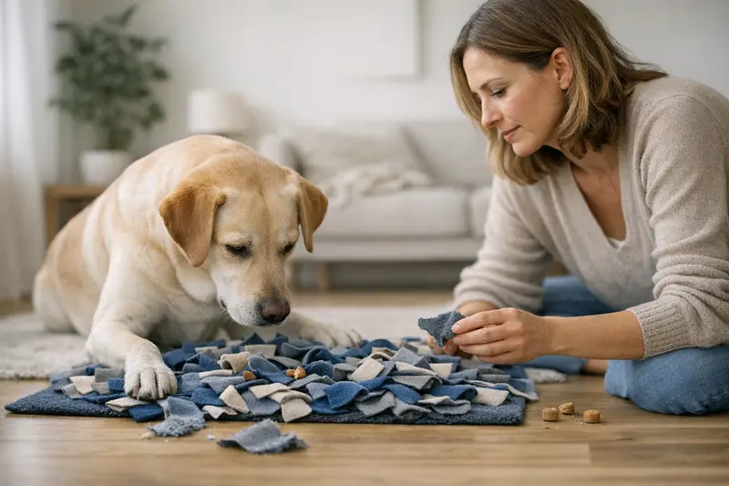Schnüffelteppich für Hunde Ein Hund schnüffelt interessiert an einem Schnüffelteppich, während ein Halter aufmerksam daneben steht.